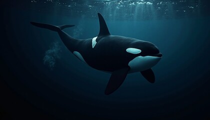 An Majestic Orca Swimming Gracefully in the Depths of the Ocean with Light