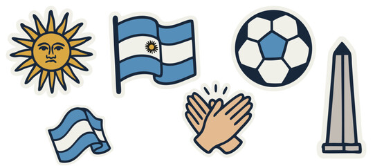 Argentinian Symbols Vector Stickers – Flag, Sun, Football, Obelisk and Celebration Gesture – Transparent Background
