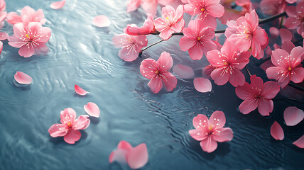 Serene view of pink cherry blossoms floating on calm water, creating tranquil and picturesque scene. delicate petals reflect beautifully on surface, enhancing peaceful atmosphere