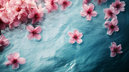Serene view from above of placid water surface adorned with floating pink flowers, creating tranquil and beautiful scene. gentle ripples enhance peaceful atmosphere