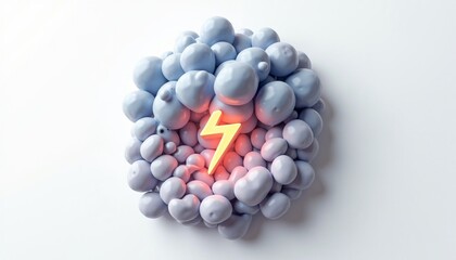 Conceptual storm cloud artwork with a glowing lightning bolt, isolated on white