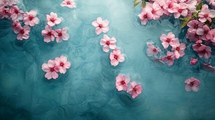 Serene view from above of tranquil water surface adorned with floating pink flowers, creating peaceful and calming atmosphere. gentle ripples enhance beauty of nature