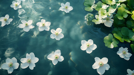Serene view of white flowers floating on calm water, surrounded by lush green leaves, creating peaceful and tranquil atmosphere. gentle ripples enhance beauty of this natural scene