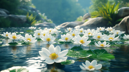Serene view of tranquil water surface adorned with blooming white water lilies, surrounded by lush greenery and smooth stones, creating peaceful natural setting