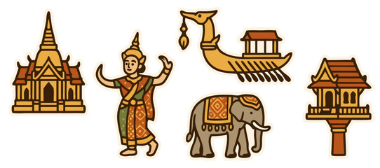 Thailand Culture Vector Stickers – Traditional Temple, Dancer, Royal Barge, Thai House and Elephant – Transparent Background
