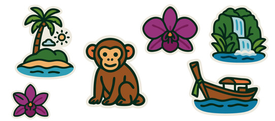 Thailand Nature Vector Stickers – Tropical Island, Monkey, Orchid Flowers, Waterfall and Longtail Boat – Transparent Background
