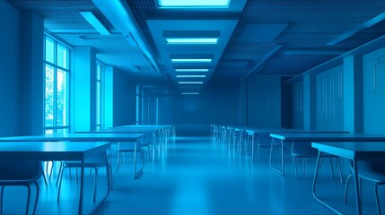 Empty school cafeteria hallway in a vivid blue tone.