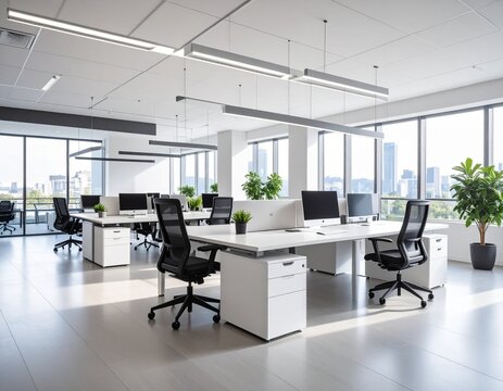 Modern office interior with minimalist design, clean workspace, natural lighting, professional environment, corporate setting