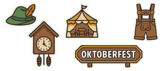 German Festival Vector Stickers – Oktoberfest Tent, Cuckoo Clock, Bavarian Hat, Lederhosen and Sign – Transparent Background
