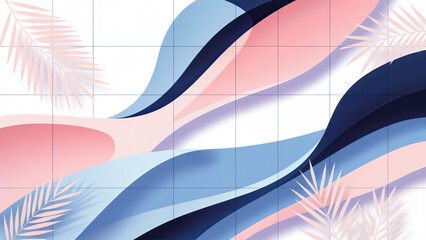Abstract layered wave design with palm leaves and gridded background elements