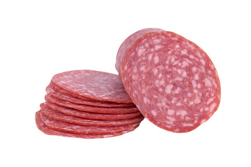  thinly sliced salami isolated on white background