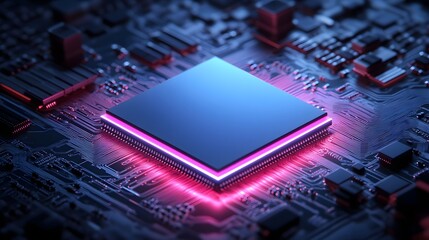Close-up view of a glowing processor chip on a circuit board.