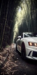White car driving through a bamboo forest path	