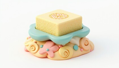 A whimsical presentation of a square cake on a colorful, playful pedestal design