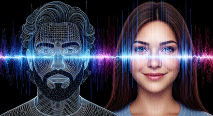 AI and Human Connection Digital Man, Smiling Woman, Data Flow, Futuristic Concept, Technology