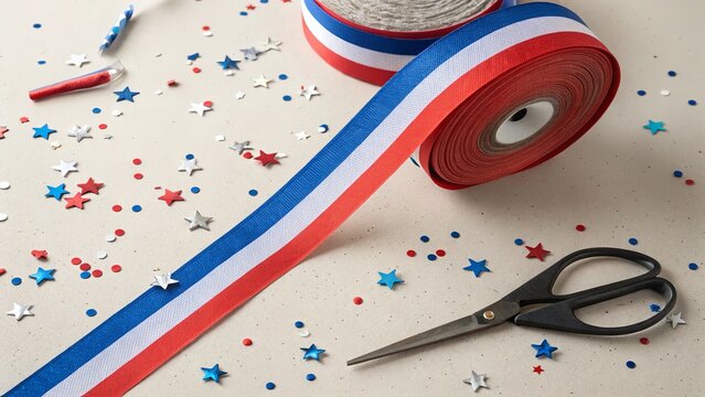 A patriotic scene, featuring red, white, and blue ribbon with scattered confetti and scissors.