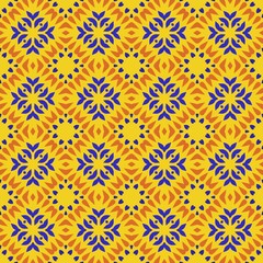 Geometric Seamless Pattern with Blue Flower and Warm Accents