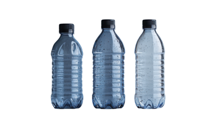 Three plastic bottles filled with liquid against a solid backdrop on transparent background