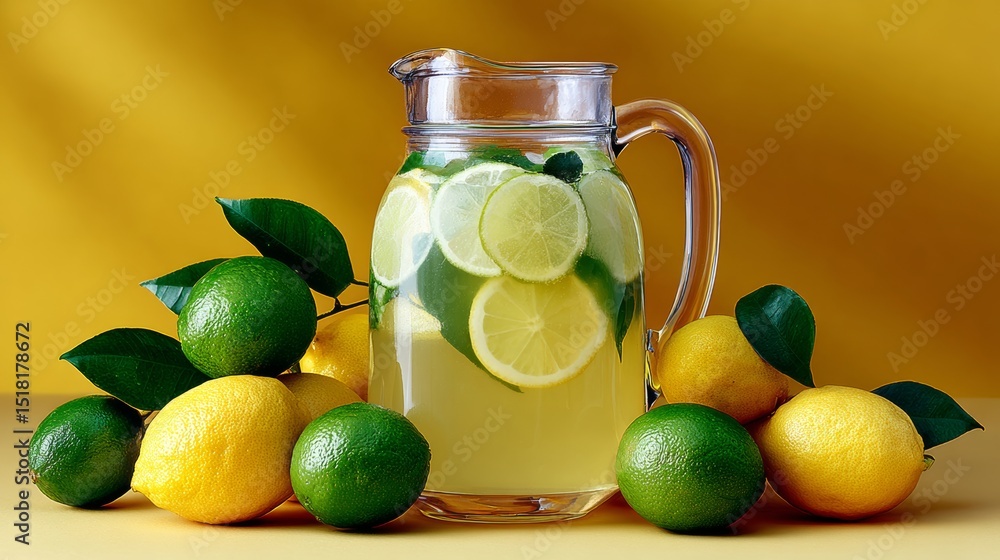 Poster pitcher of lemonade is on a table with several lemons and limes. the pitcher is filled with a clear 
