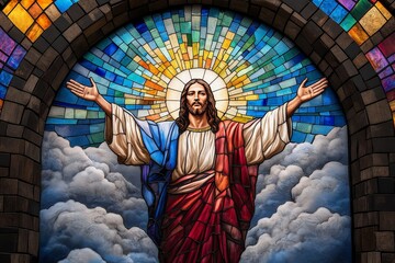 Stained Glass Mosaic of Jesus Christ in Majestic Heaven Scene