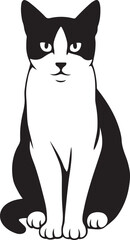 Cat sitting vector black and white drawing, Calm cat in resting pose artwork