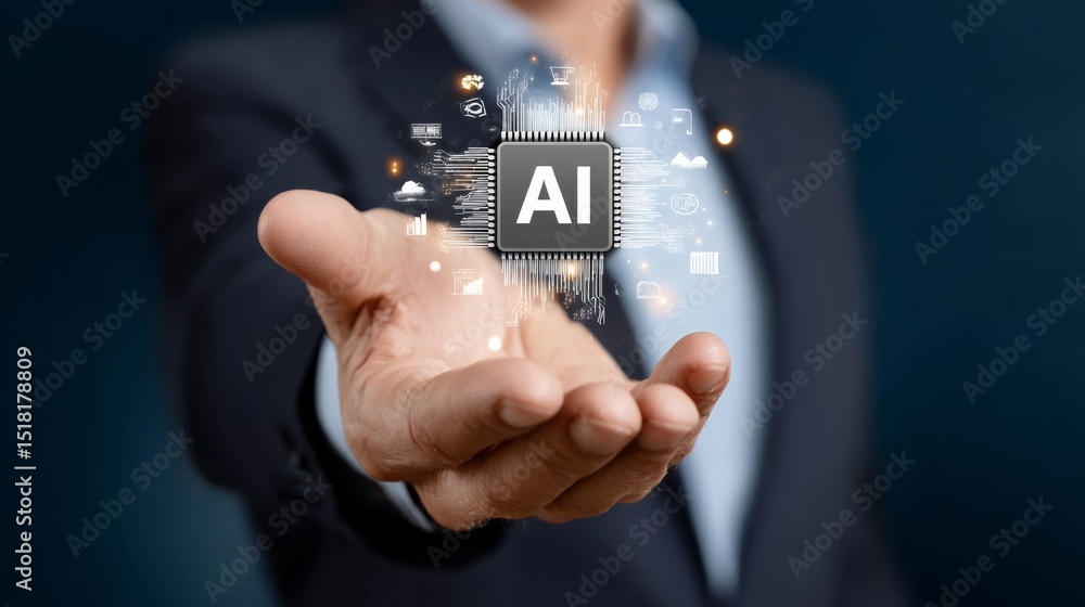 Aufkleber man is holding a computer chip with the letter a on it. concept of innovation and technological adva