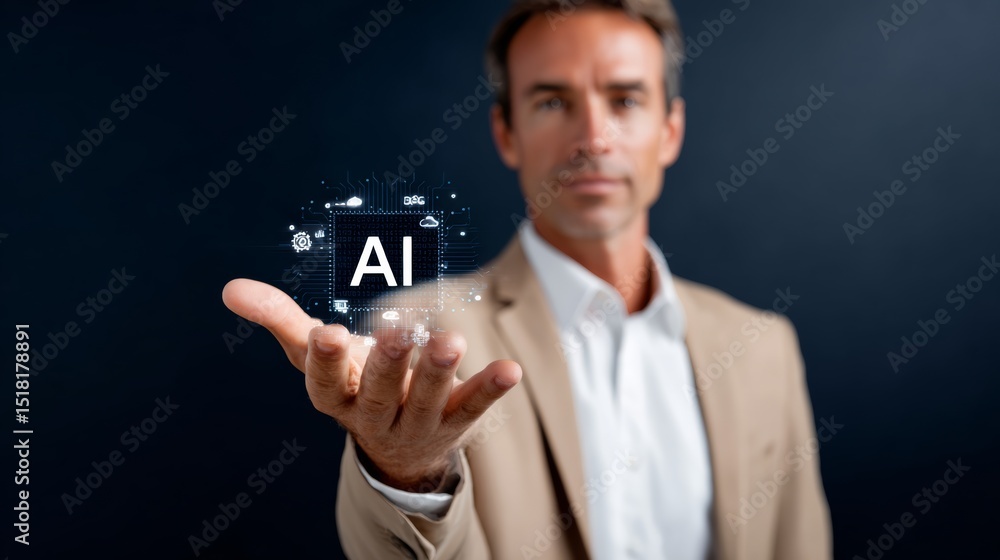 Poster man is holding a hand up to a screen with the word ai on it. concept of artificial intelligence and 
