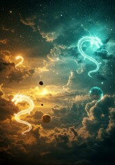 Obraz premium Two dragons gold and white hover on clouds in space glowing stars vibrant fantasy cinematic digital artwork.
