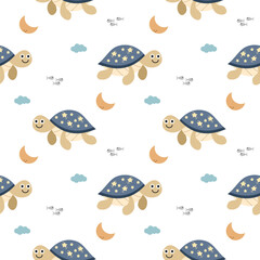 Turtle cartoon so cute. On moon cloud fish white background. Pattern seamless vector illustration. 