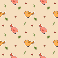 Bird yellow and pink cartoon so cute. On leaf flower background. Pattern seamless vector illustration. 