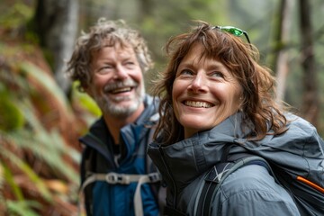 Fototapeta premium Portrait of a smiling couple in their 40s going on a hike in nature