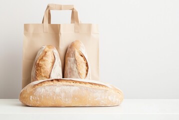 Rustic paper bag filled with fresh crusty baguettes on a white surface and light background. Minimal composition perfect for bakery ads, organic food branding, or eco-friendly packaging.