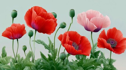 Naklejka premium Row of red and pink flowers with green leaves. The flowers are arranged in a row and are of different sizes. Concept of beauty and tranquility, as the flowers are arranged in a neat