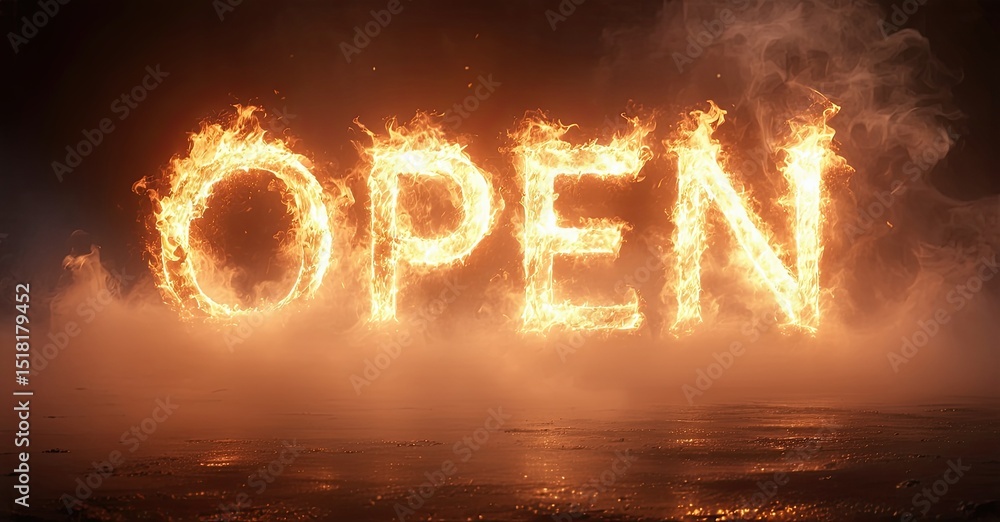 Poster fiery text spells open over reflective surface. dramatic lighting creates intense, warm visual impac