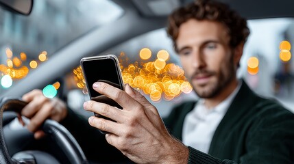 Man is driving a car and looking at his cell phone. Concept of distraction and lack of focus on the road, which can be dangerous while driving