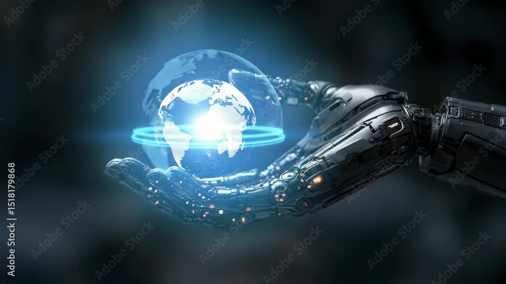 Poster A robotic hand holds a glowing digital globe, symbolizing artificial intelligence’s control and global impact.