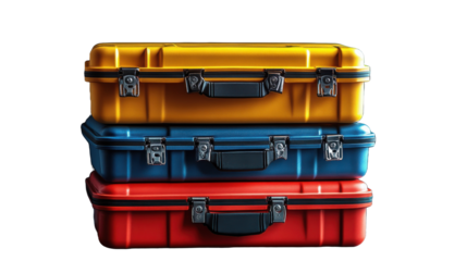 Stack of three hard cases in yellow blue and red color scheme view on transparent background