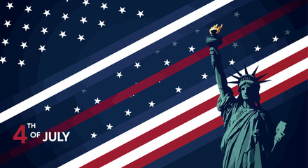 Naklejka premium Independence day celebration with statue of liberty and american flag design