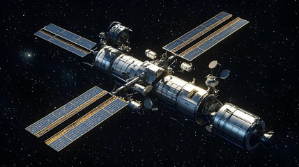Detailed illustration of a large space station in orbit.