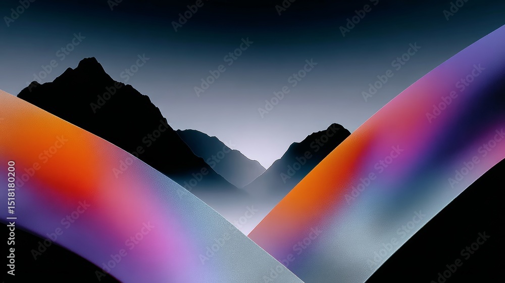 Poster mountain range with a purple and orange line in the middle. the mountains are in the background and 
