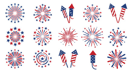 Festive fourth of july red white and blue fireworks and rocket icons for celebrations