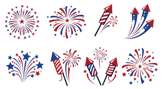 Festive fireworks and rockets in red, white, and blue for patriotic celebrations and holiday designs