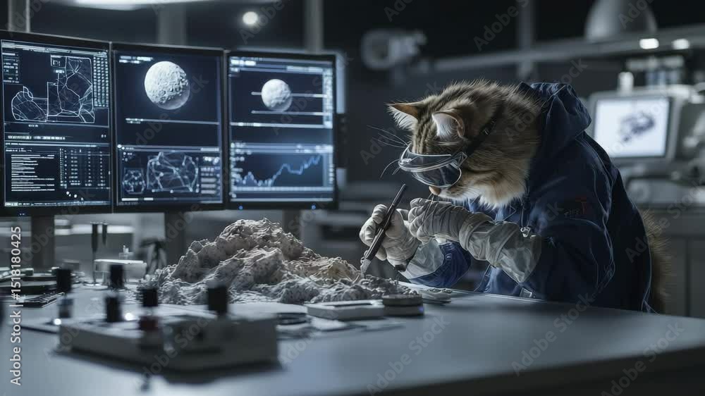 Aufkleber a cat in a lab coat and goggles examines a lunar rock sample in a high-tech laboratory with moon ana