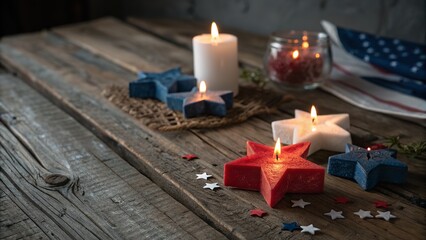 A warm scene showcasing star-shaped candles glowing on a rustic wooden table.