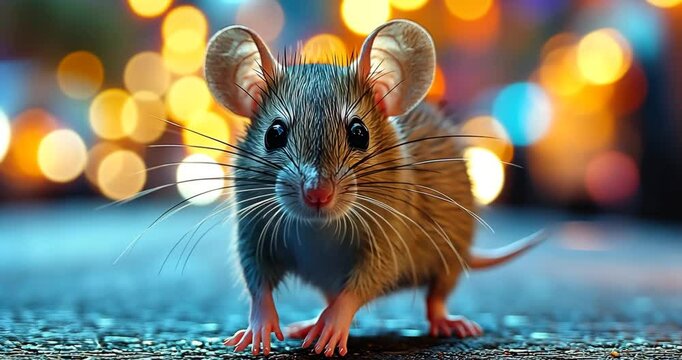 Low angle static shot: A rat in an urban setting at night with colorful bokeh lights in the background.