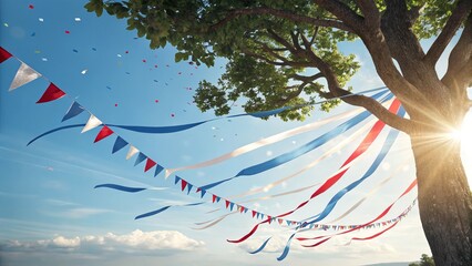 A festive scene: ribbons and bunting decorate a tree against a bright blue sky.