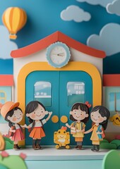 new student entering classroom and being welcomed paper cut friendly scene