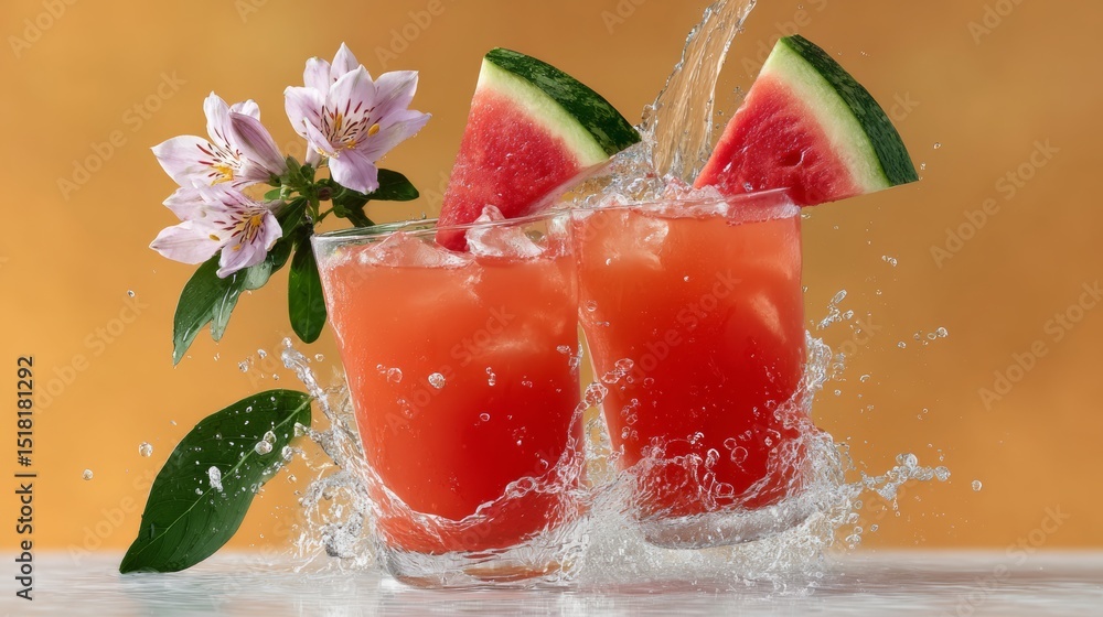 Poster two glasses of watermelon juice with a splash of water. the watermelon slices are floating in the ju