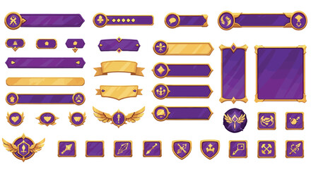 Fantasy game ui elements with purple and gold badges and icons for video game design