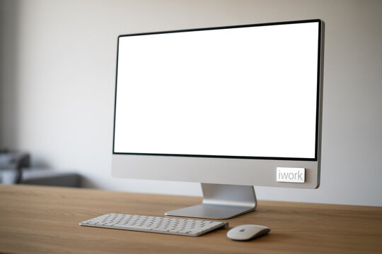 Modern Desktop Computer with Blank White Screen, Wireless Keyboard, and Mouse on Wooden Desk